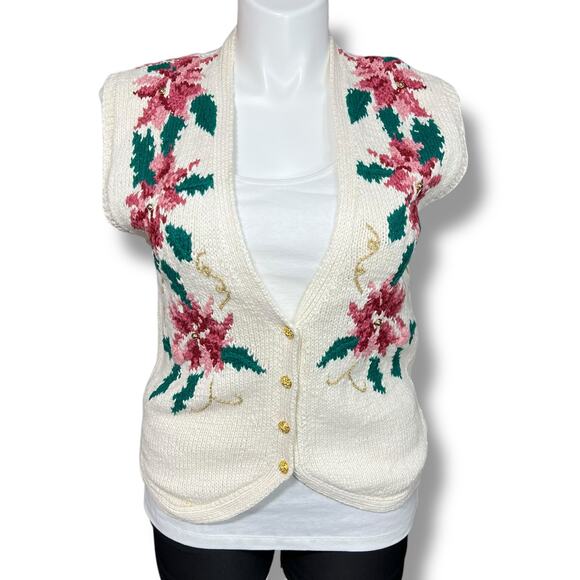 Vintage Lecomte Hand Knit Sweater Vest Sleeveless Cardigan Floral Button Down XL - Picture 1 of 15